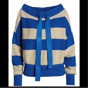 Free people Blue Gray striped Off The Shoulder Ribbon sweater medium M